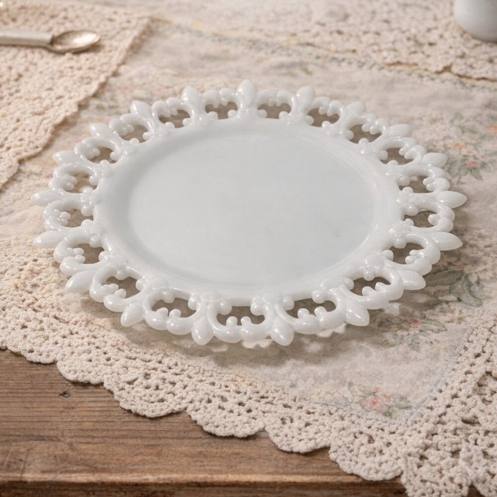 Elegant White Decorative Milkglass Glass 7.5” Plate with Lace Edge